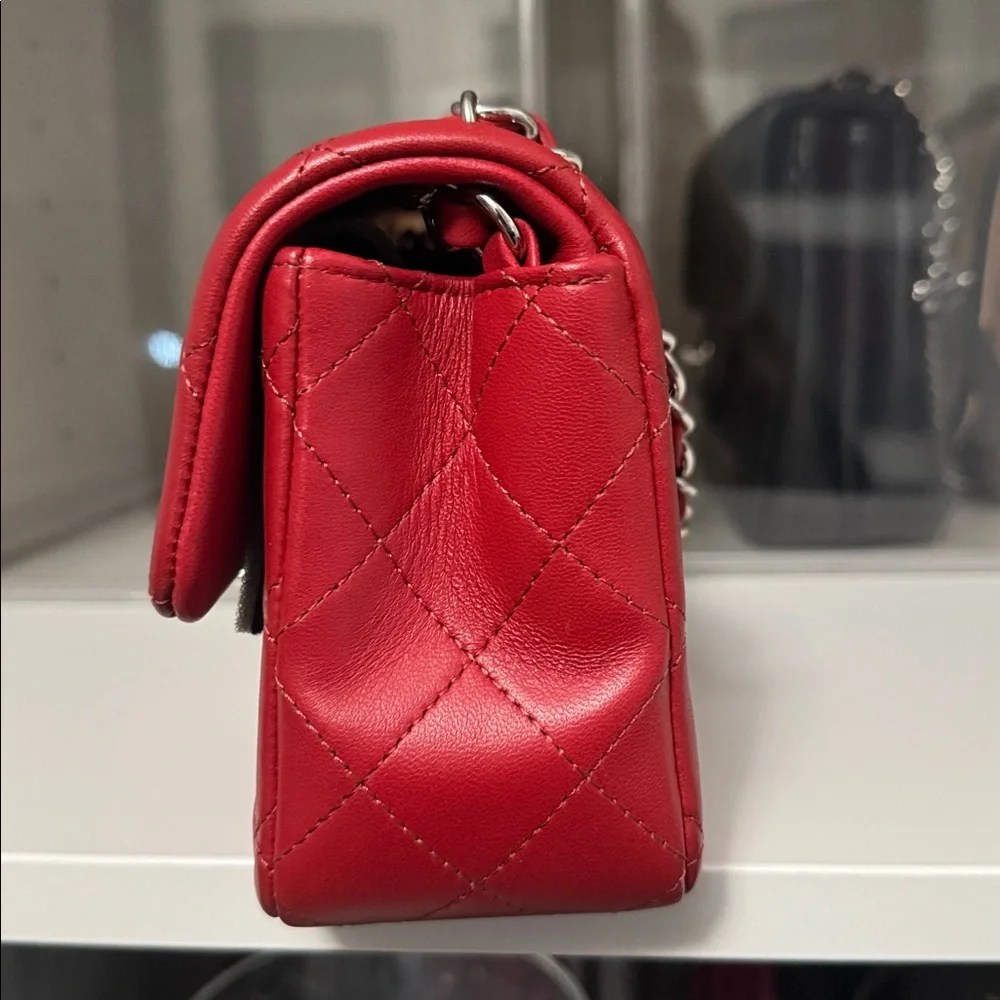 Authentic Chanel Classic Red Quilted Rectangle Mini Lambskin Bag